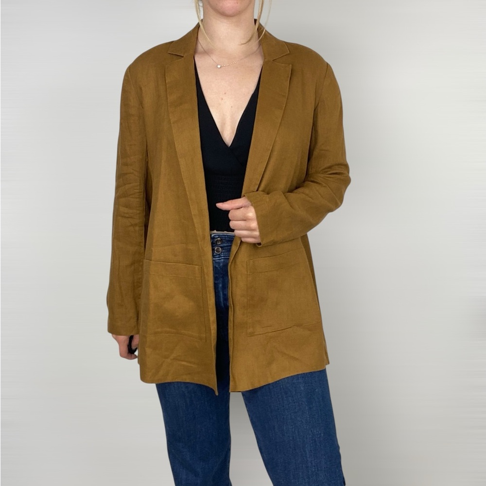 EILEEN FISHER Organic Linen Long Blazer in Bronze‎ Lightweight Collared Pockets